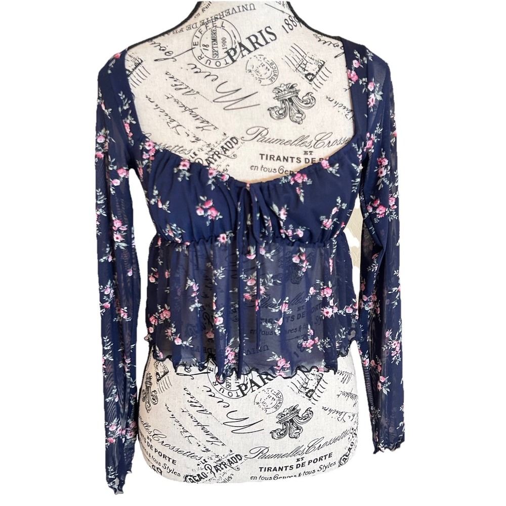 Women's‎ Live In The Moment Blue Sheer Long Sleeve Floral Top Xs Festival NWT